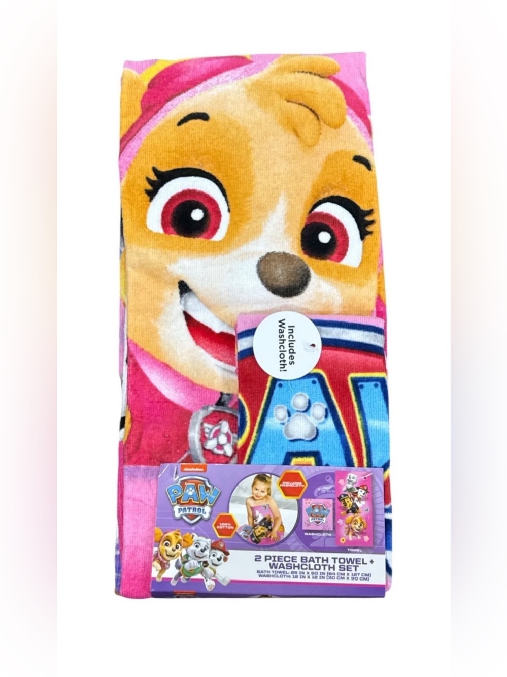 Paw Patrol Skye Pink Kids Bath Towel & Washcloth Set